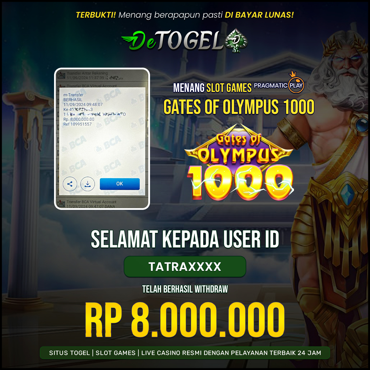 BUKTI JP DI SLOT GAME GATE OF OLYMPUS 1000 ( Pragmatic Play )