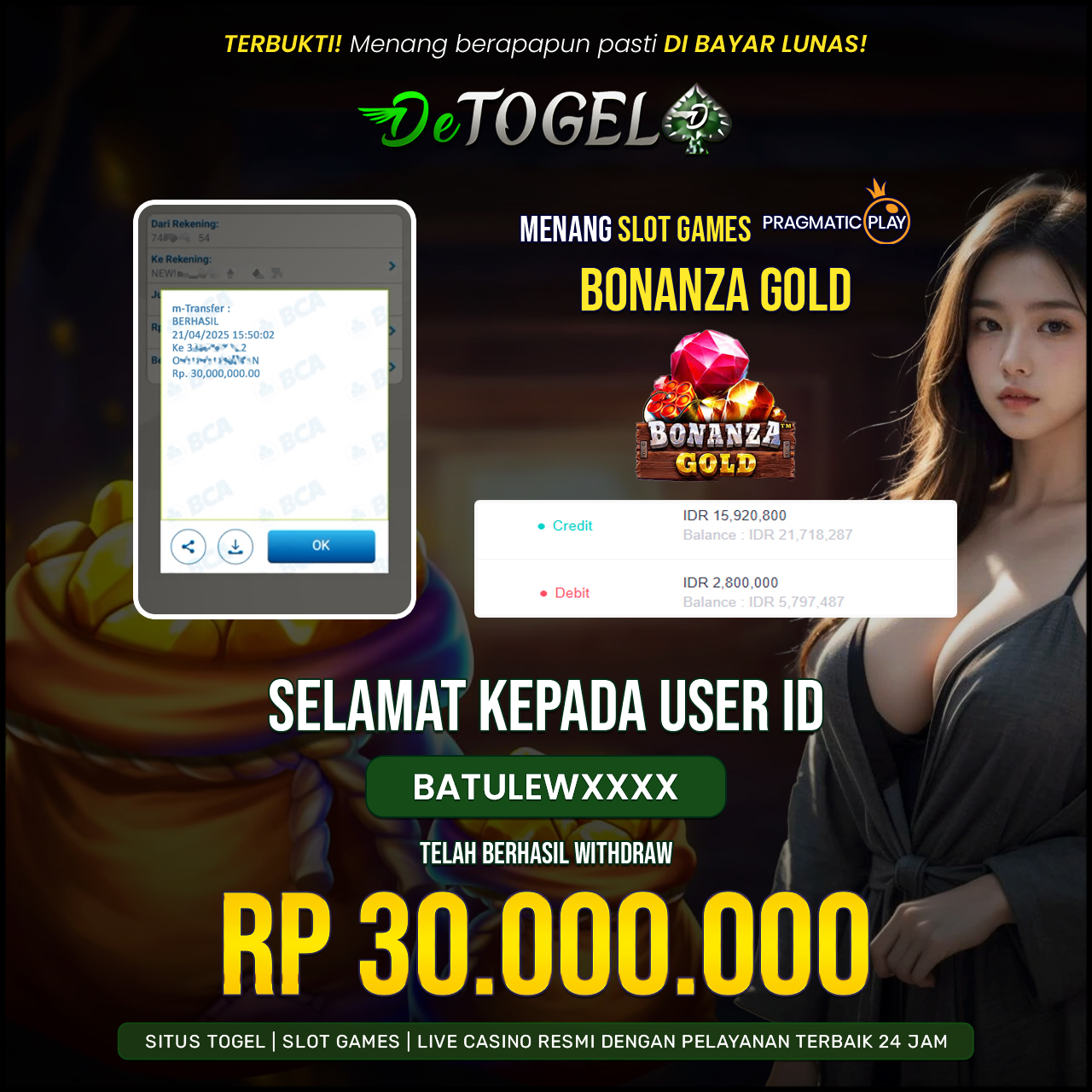 BUKTI JP DI SLOT Bonanza Gold ( Pragmatic play )